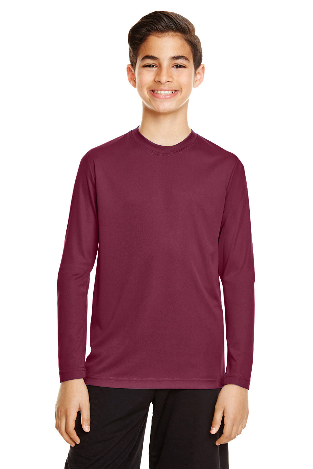 Team 365 TT11YL Youth Zone Performance Moisture Wicking Long Sleeve Crewneck T-Shirt Maroon Model Front