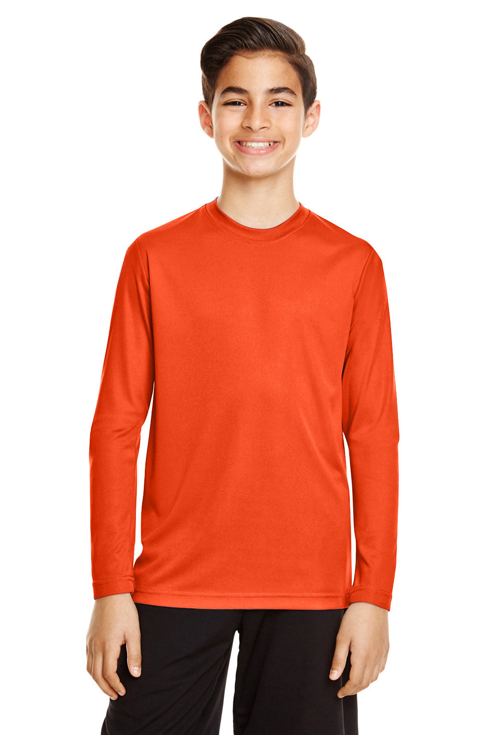 Team 365 TT11YL Youth Zone Performance Moisture Wicking Long Sleeve Crewneck T-Shirt Orange Model Front