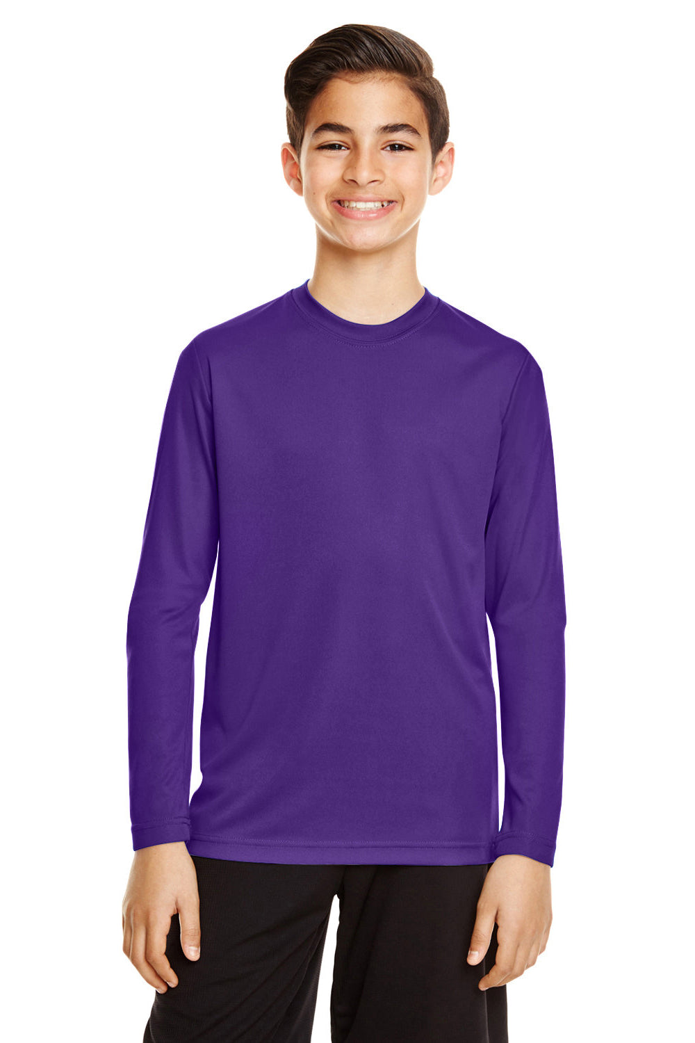 Team 365 TT11YL Youth Zone Performance Moisture Wicking Long Sleeve Crewneck T-Shirt Purple Model Front