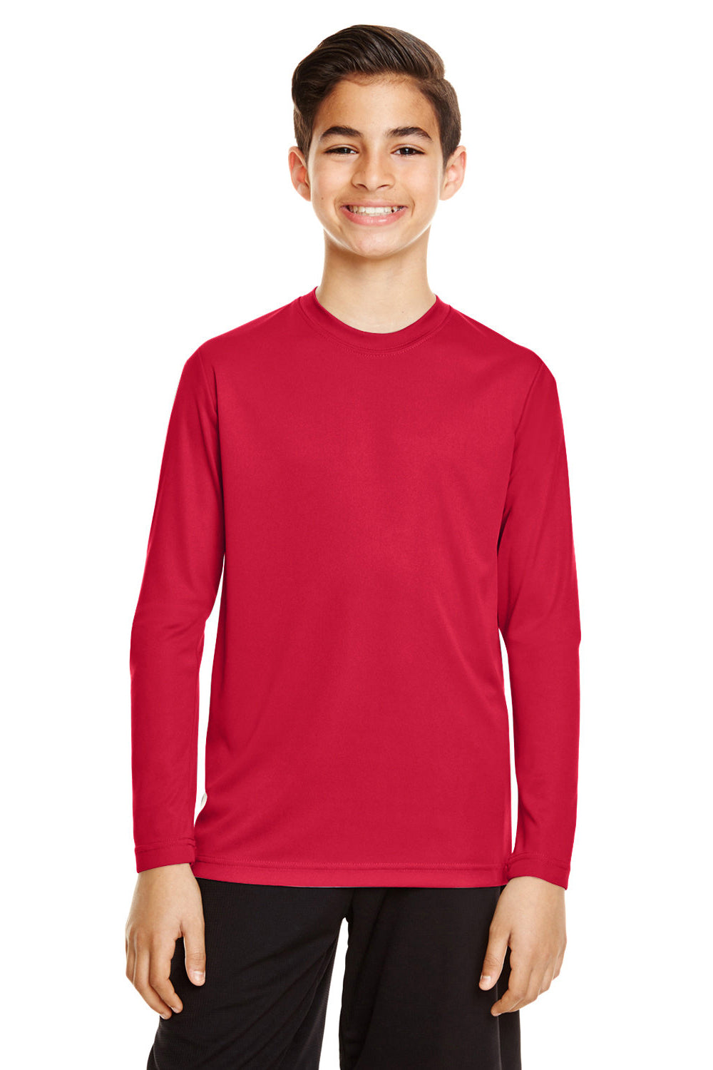 Team 365 TT11YL Youth Zone Performance Moisture Wicking Long Sleeve Crewneck T-Shirt Red Model Front