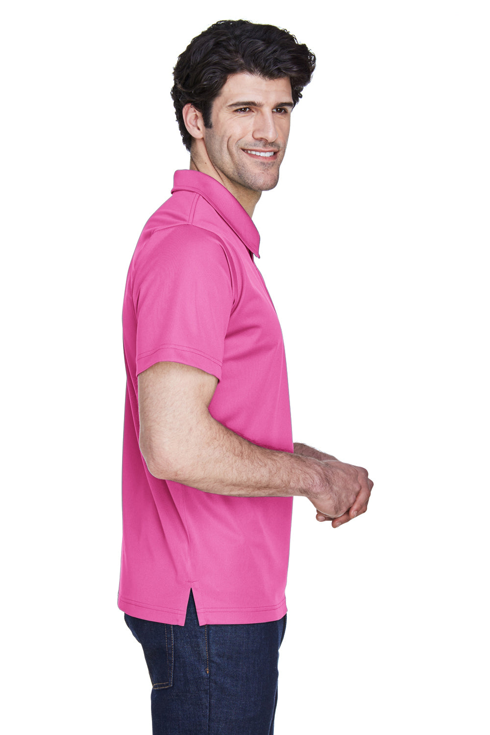 Team 365 TT21 Mens Command Performance Moisture Wicking Short Sleeve Polo Shirt Charity Pink Model Side