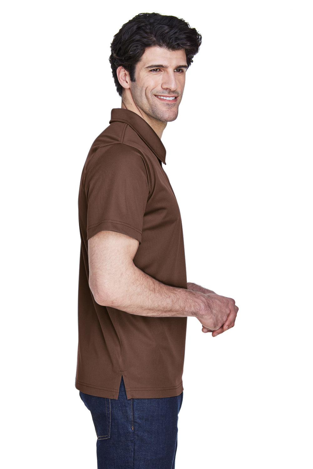 Team 365 TT21 Mens Command Performance Moisture Wicking Short Sleeve Polo Shirt Dark Brown Model Side