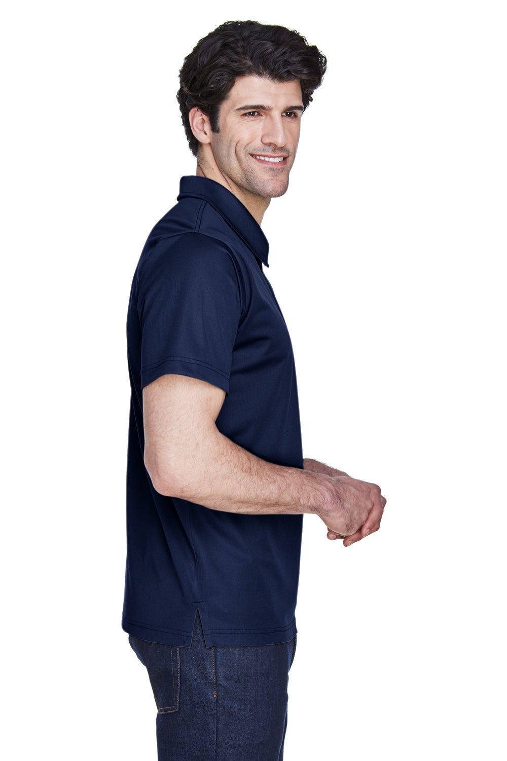 Team 365 TT21 Mens Command Performance Moisture Wicking Short Sleeve Polo Shirt Dark Navy Blue Model Side