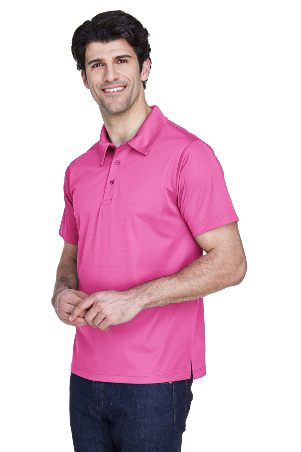 Team 365 TT21 Mens Command Performance Moisture Wicking Short Sleeve Polo Shirt Charity Pink Model 3q