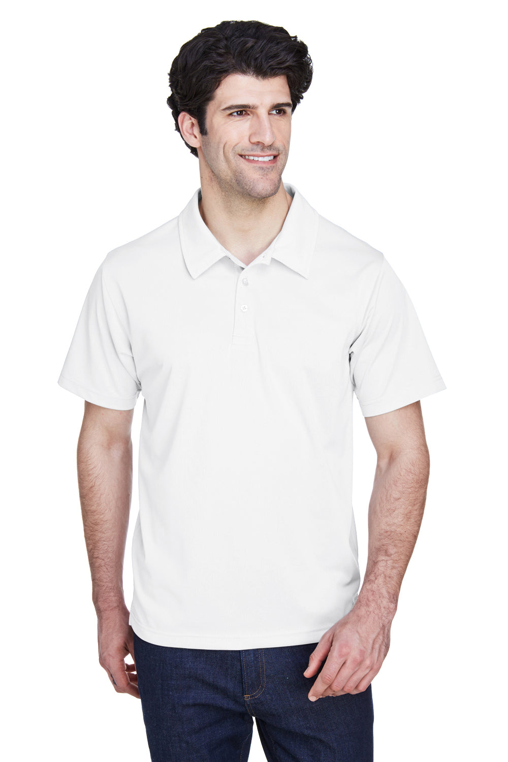 Team 365 TT21 Mens Command Performance Moisture Wicking Short Sleeve Polo Shirt White Model Front