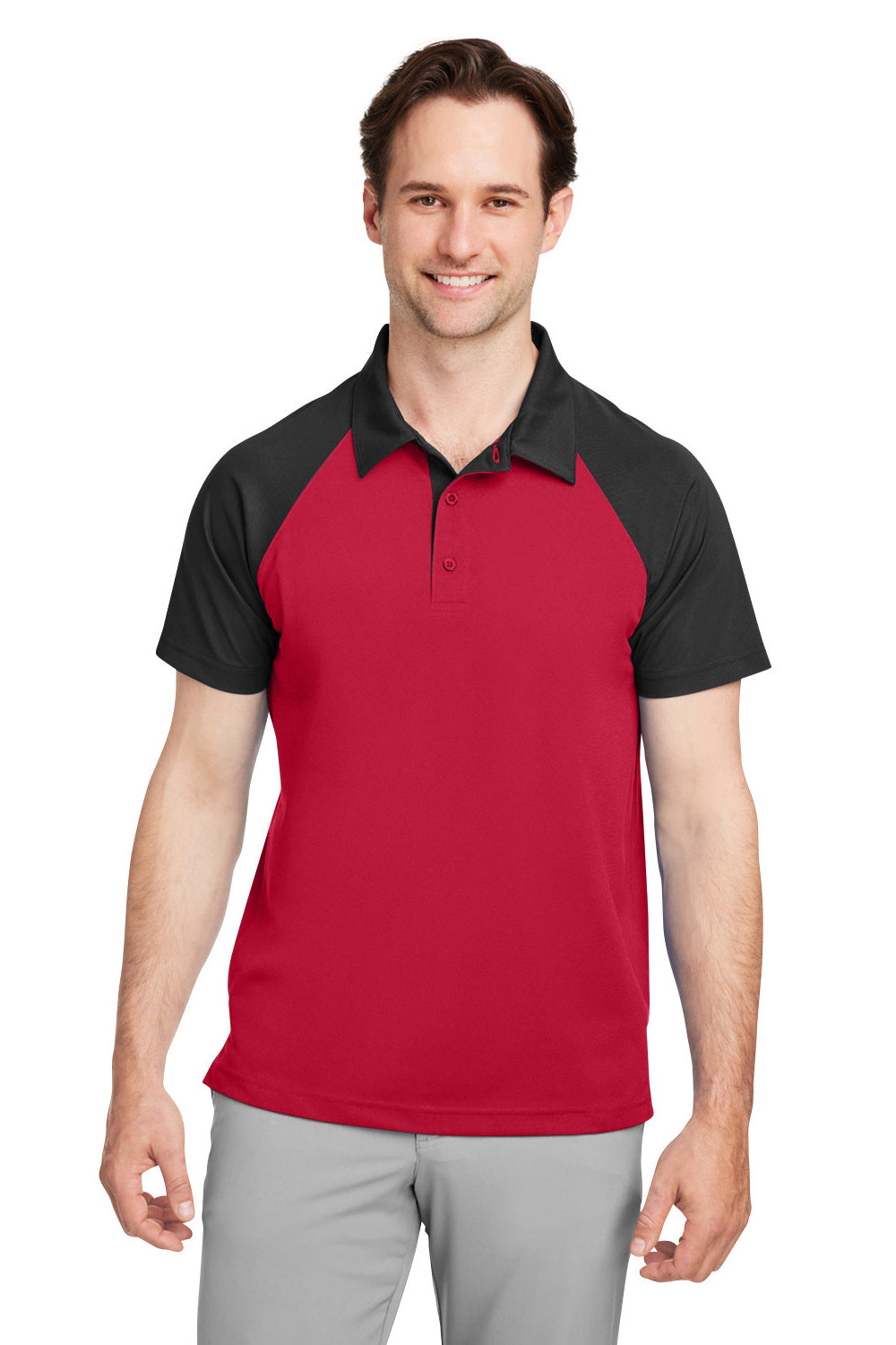 Team 365 TT21C Mens Command Colorblock Moisture Wicking Short Sleeve Polo Shirt Red/Black Model Front