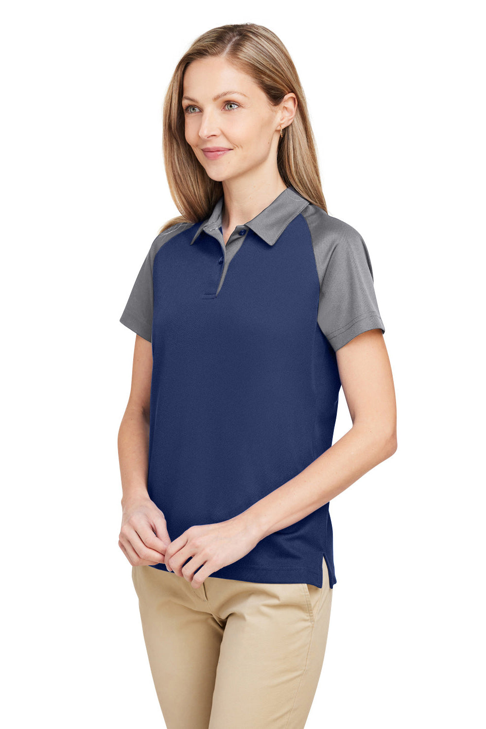 Team 365 TT21CW Womens Command Colorblock Moisture Wicking Short Sleeve Polo Shirt Dark Navy Blue/Graphite Grey Model 3q