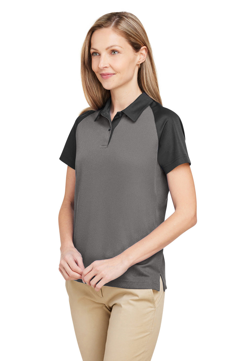 Team 365 TT21CW Womens Command Colorblock Moisture Wicking Short Sleeve Polo Shirt Graphite Grey/Black Model 3q