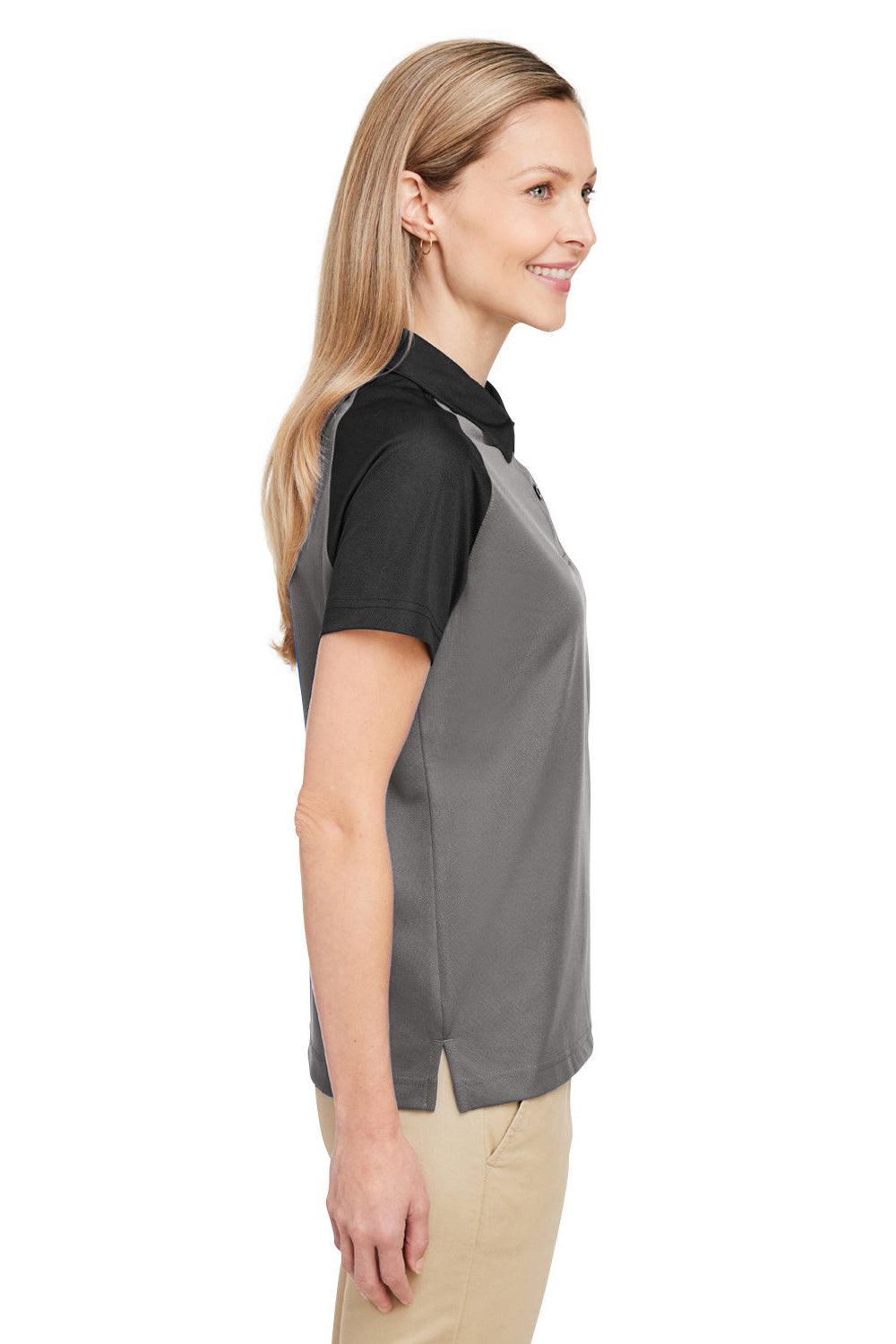 Team 365 TT21CW Womens Command Colorblock Moisture Wicking Short Sleeve Polo Shirt Graphite Grey/Black Model Side