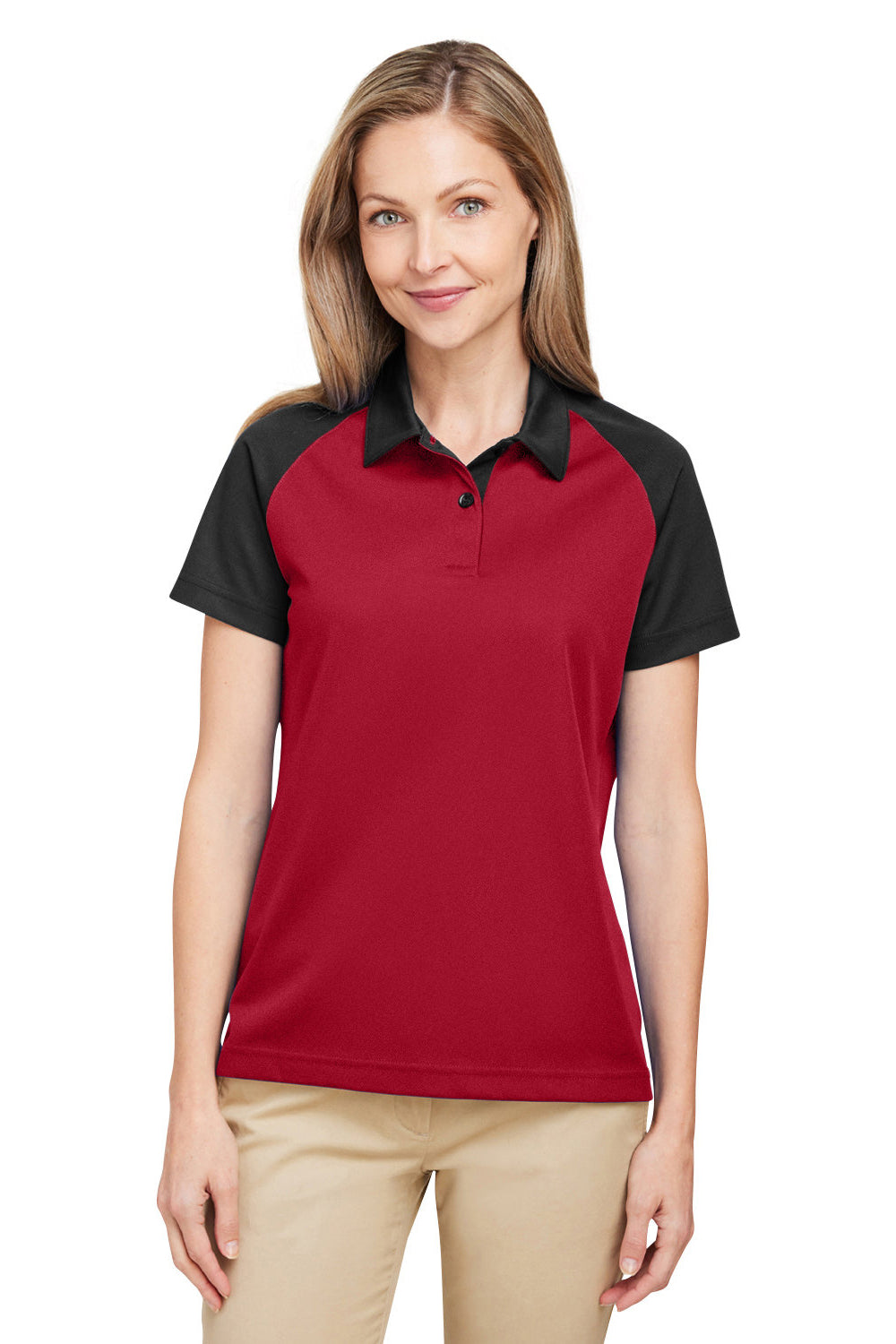 Team 365 TT21CW Womens Command Colorblock Moisture Wicking Short Sleeve Polo Shirt Red/Black Model Front