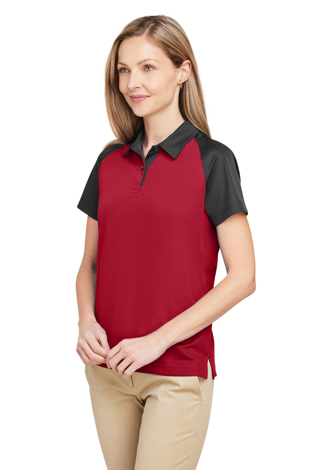 Team 365 TT21CW Womens Command Colorblock Moisture Wicking Short Sleeve Polo Shirt Red/Black Model 3q