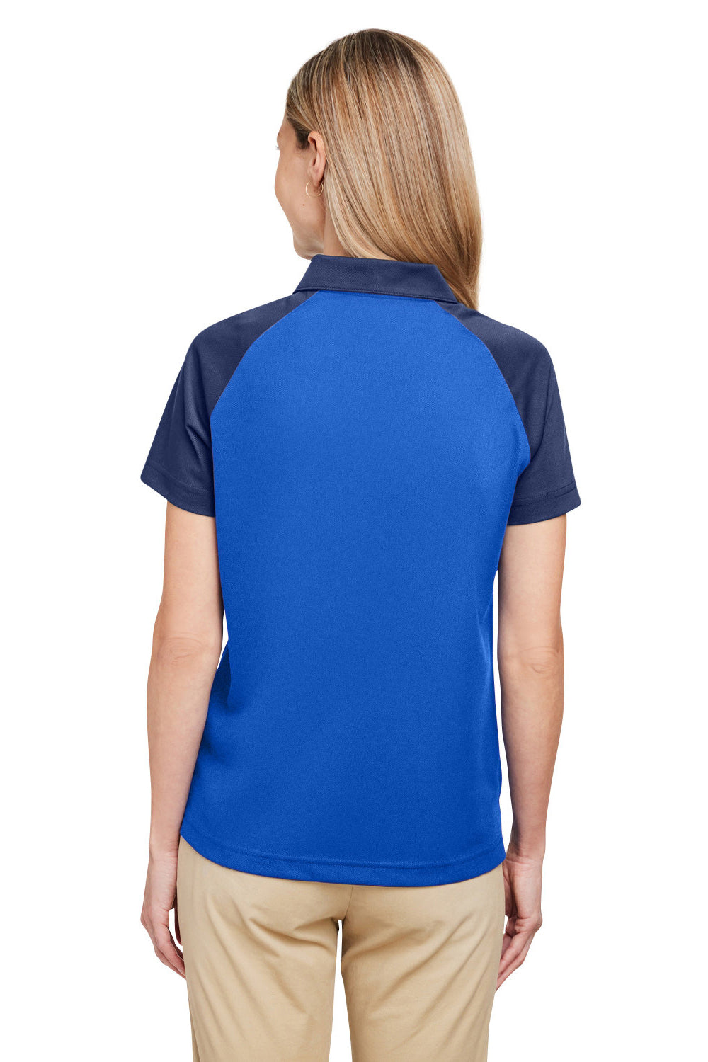 Team 365 TT21CW Womens Command Colorblock Moisture Wicking Short Sleeve Polo Shirt Royal Blue/Dark Navy Blue Model Back