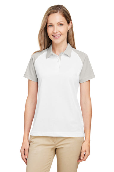 Team 365 TT21CW Womens Command Colorblock Moisture Wicking Short Sleeve Polo Shirt White/Silver Grey Model Front