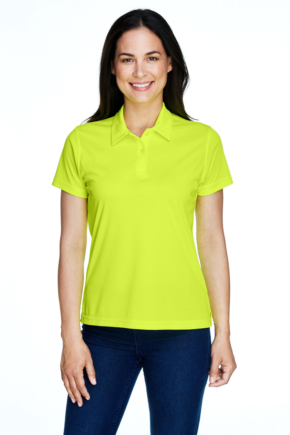 Team 365 TT21W Womens Command Performance Moisture Wicking Short Sleeve Polo Shirt Safety Yellow Model Front