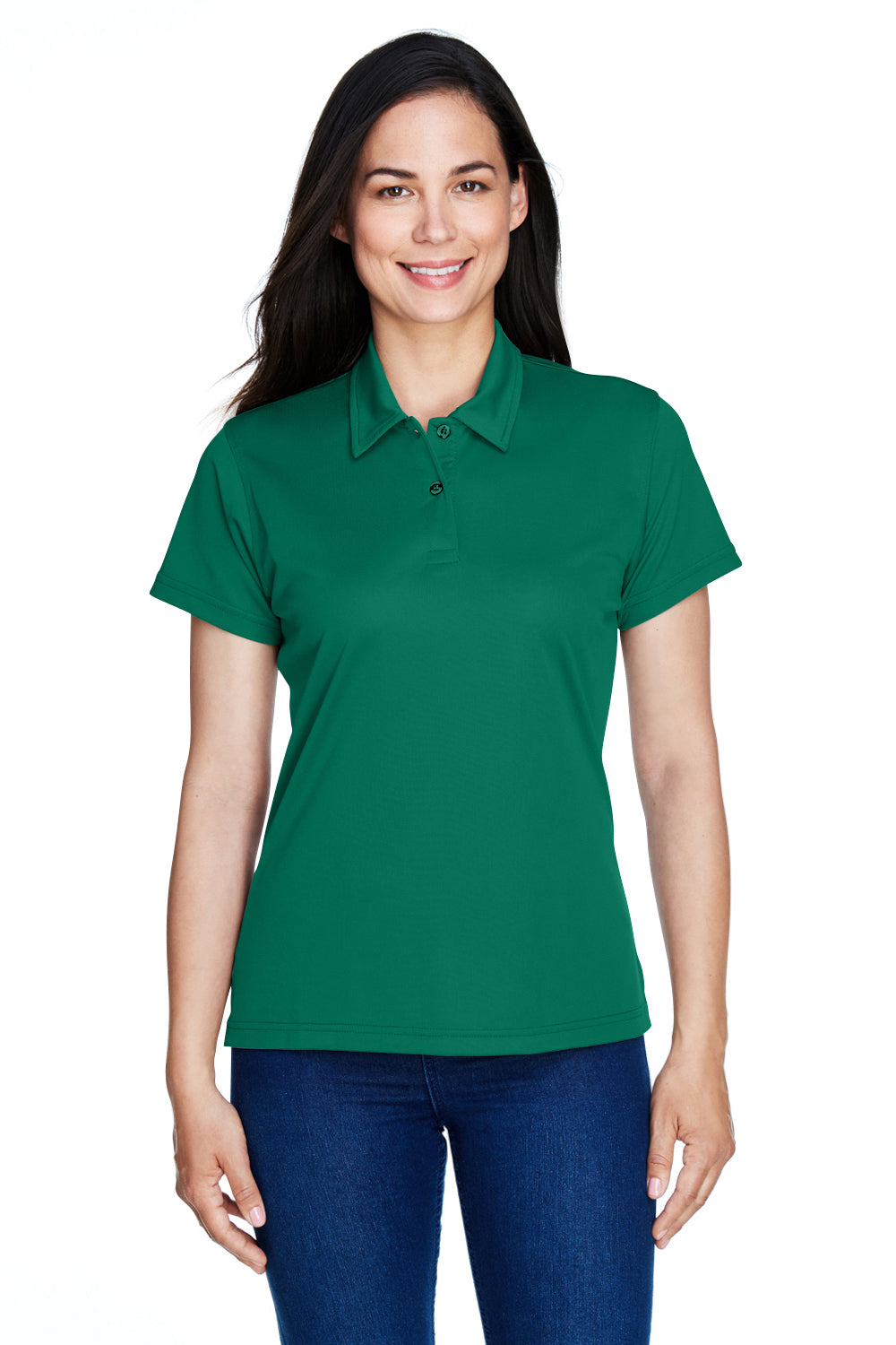 Team 365 TT21W Womens Command Performance Moisture Wicking Short Sleeve Polo Shirt Forest Green Model Front