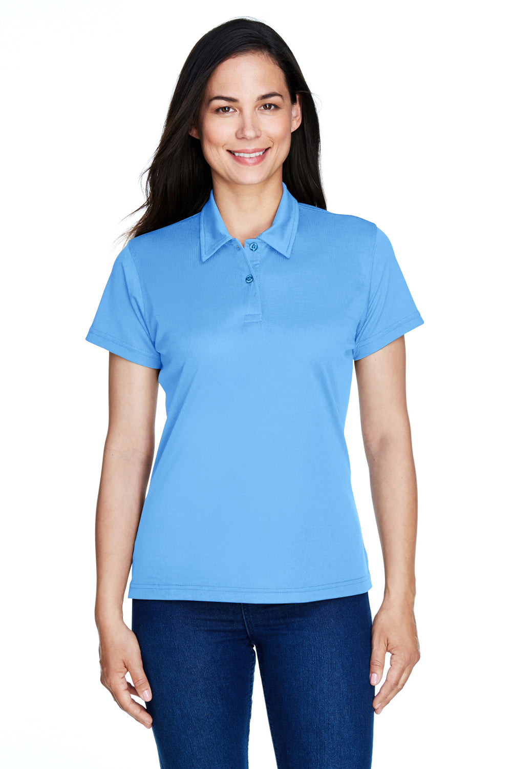 Team 365 TT21W Womens Command Performance Moisture Wicking Short Sleeve Polo Shirt Light Blue Model Front