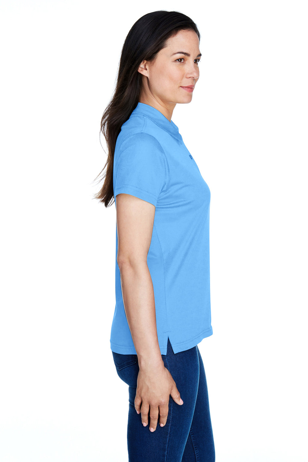 Team 365 TT21W Womens Command Performance Moisture Wicking Short Sleeve Polo Shirt Light Blue Model Side