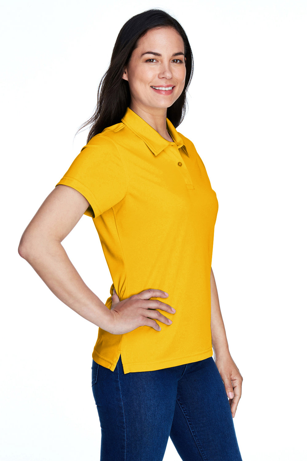 Team 365 TT21W Womens Command Performance Moisture Wicking Short Sleeve Polo Shirt Athletic Gold Model 3q