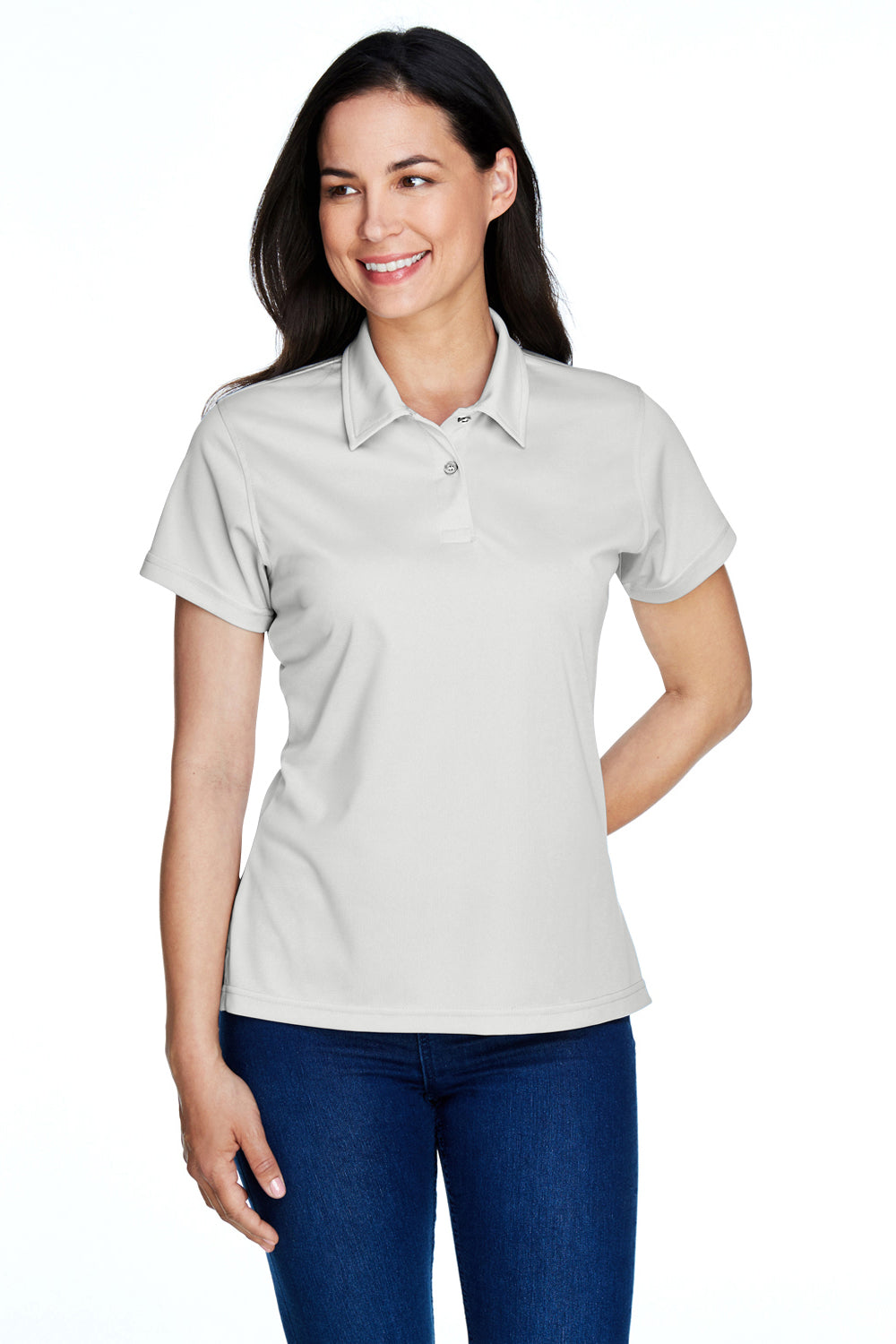 Team 365 TT21W Womens Command Performance Moisture Wicking Short Sleeve Polo Shirt Silver Grey Model Front