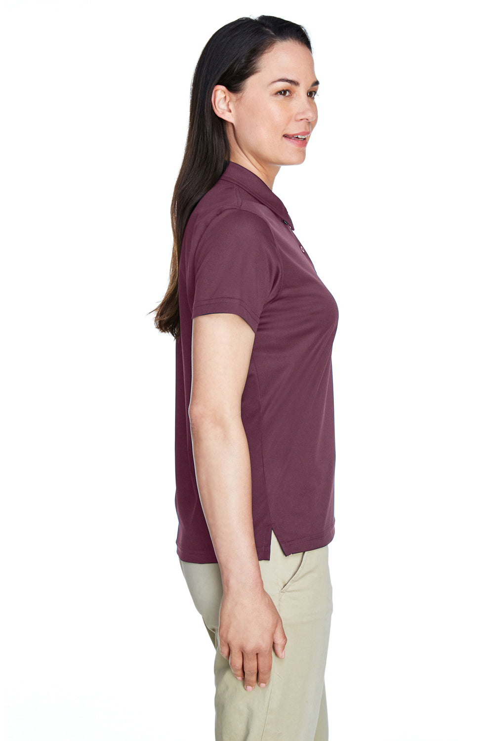 Team 365 TT21W Womens Command Performance Moisture Wicking Short Sleeve Polo Shirt Dark Maroon Model Side