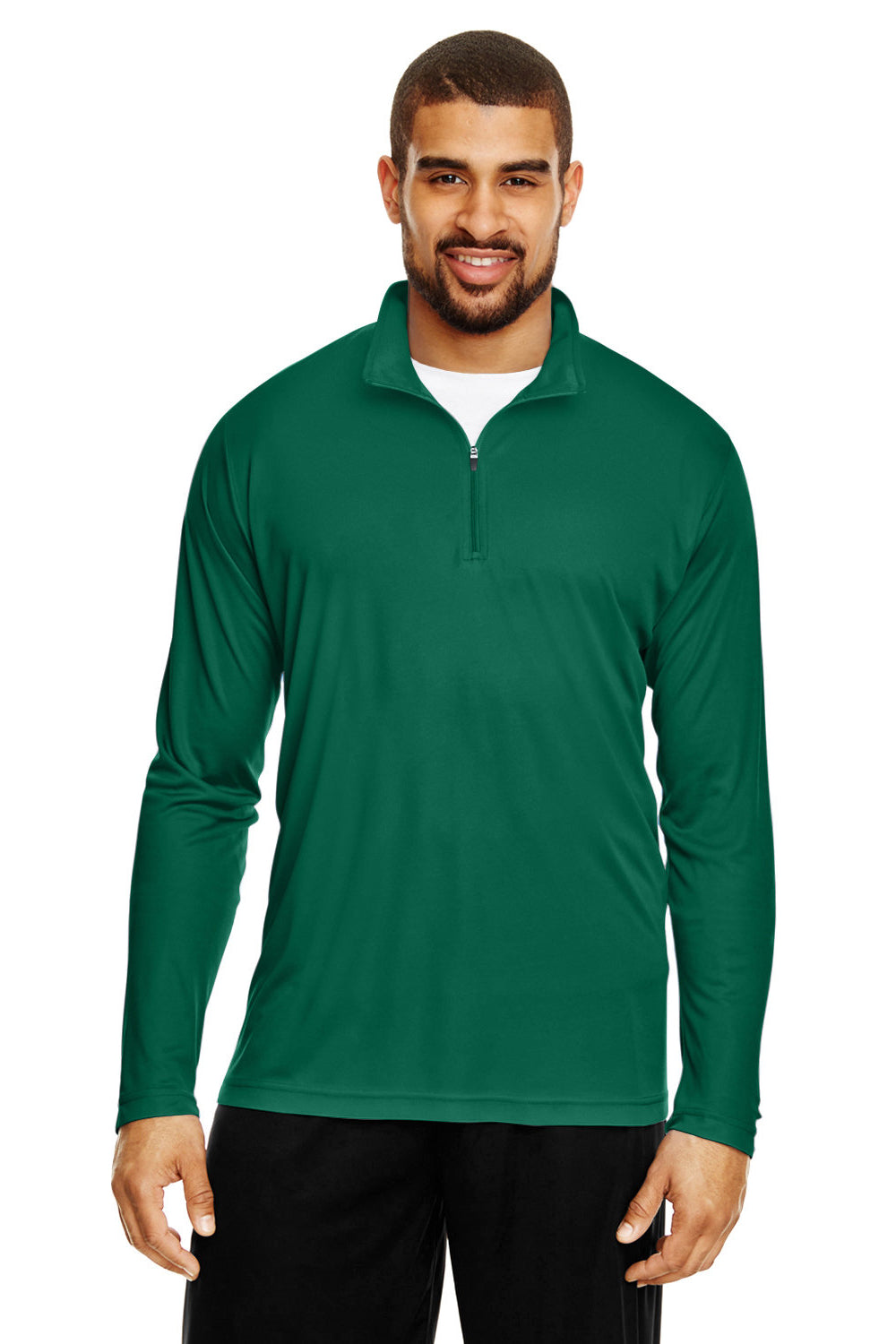 Team 365 TT31 Mens Zone Performance Moisture Wicking 1/4 Zip Sweatshirt Forest Green Model Front