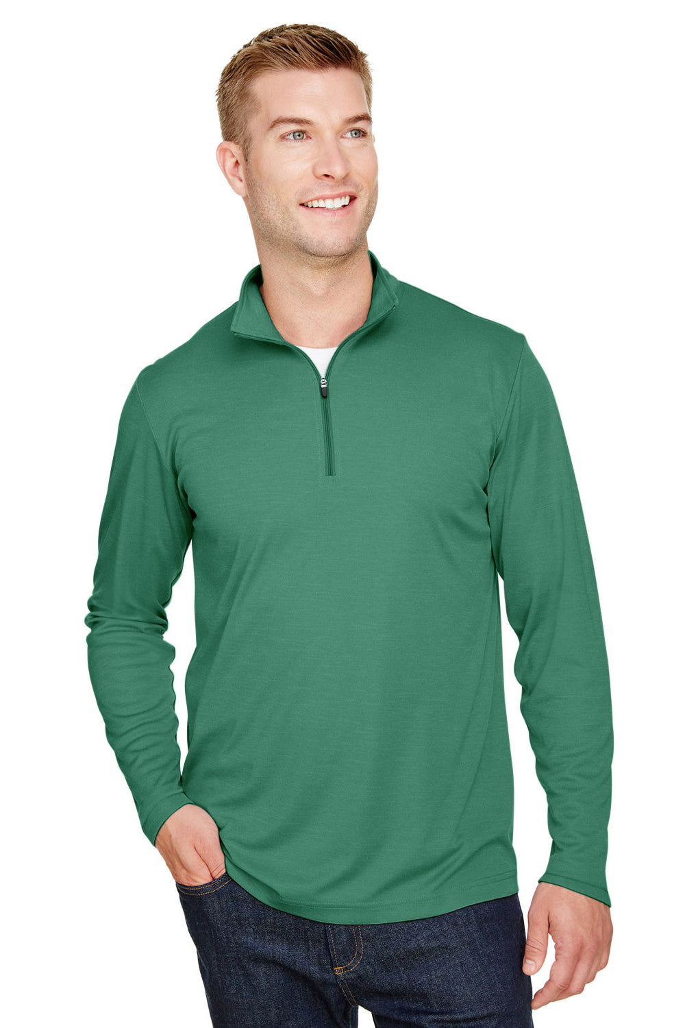 Team 365 TT31H Mens Zone Sonic Performance Moisture Wicking 1/4 Zip Sweatshirt Heather Forest Green Model Front