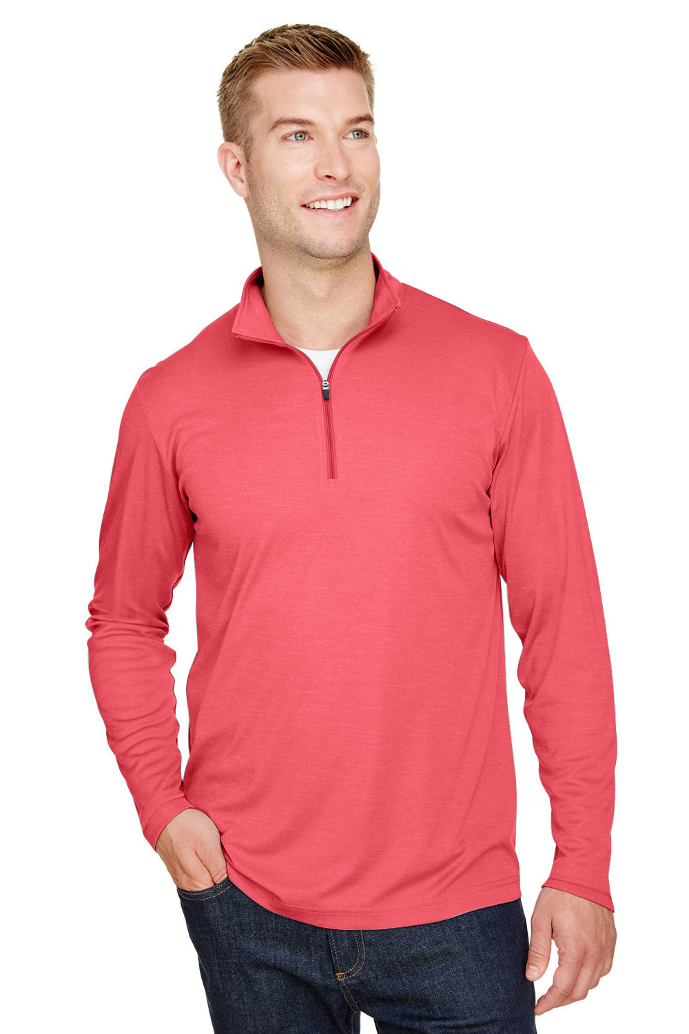 Team 365 TT31H Mens Zone Sonic Performance Moisture Wicking 1/4 Zip Sweatshirt Heather Red Model Front