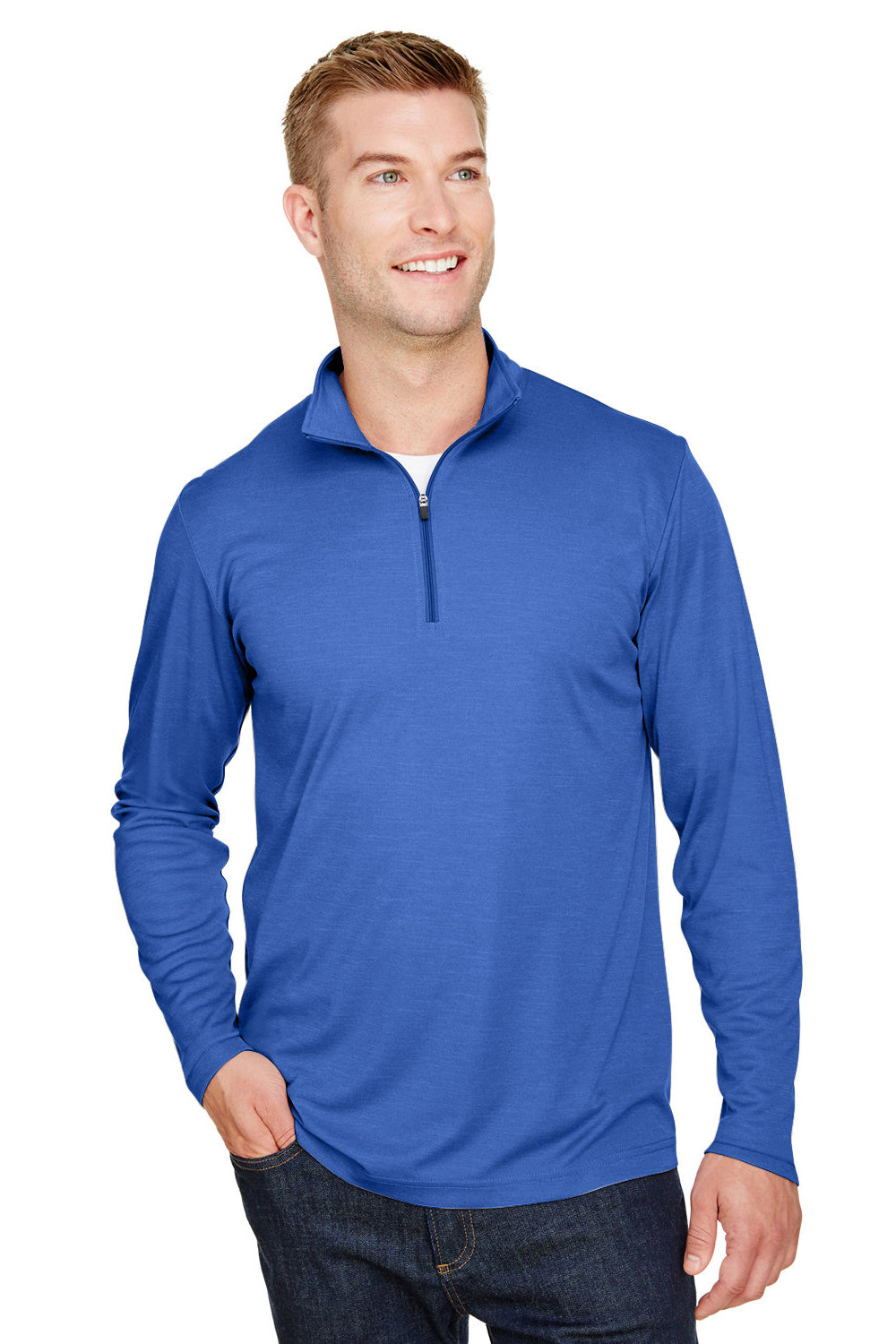 Team 365 TT31H Mens Zone Sonic Performance Moisture Wicking 1/4 Zip Sweatshirt Heather Royal Blue Model Front