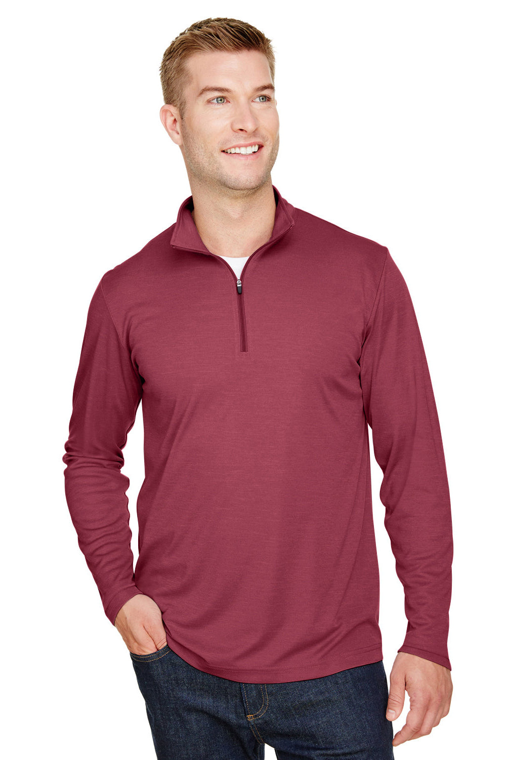 Team 365 TT31H Mens Zone Sonic Performance Moisture Wicking 1/4 Zip Sweatshirt Heather Maroon Model Front