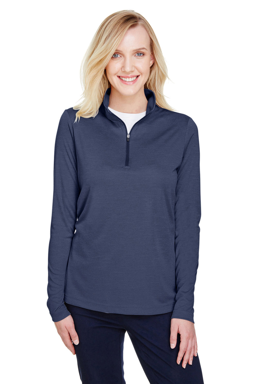 Team 365 TT31HW Womens Zone Sonic Performance Moisture Wicking 1/4 Zip Sweatshirt Heather Dark Navy Blue Model Front