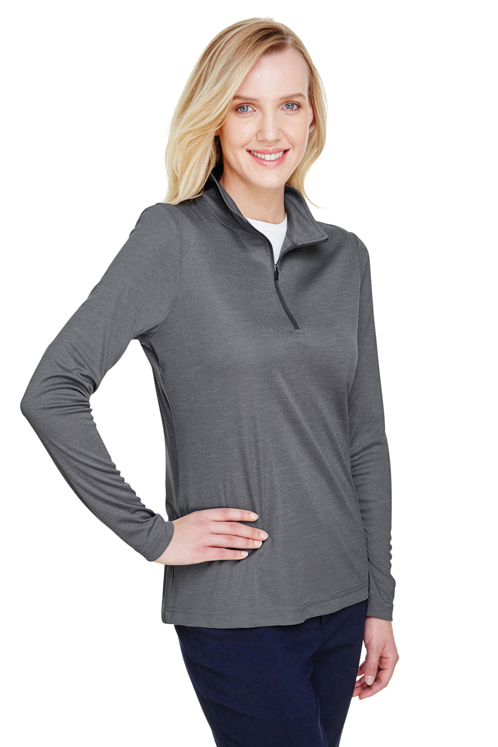 Team 365 TT31HW Womens Zone Sonic Performance Moisture Wicking 1/4 Zip Sweatshirt Heather Dark Grey Model 3q