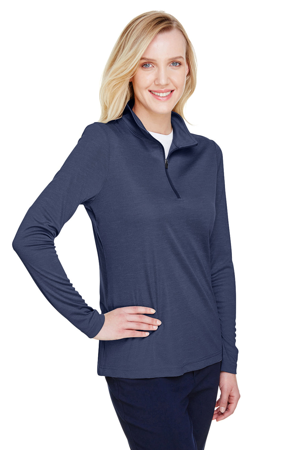 Team 365 TT31HW Womens Zone Sonic Performance Moisture Wicking 1/4 Zip Sweatshirt Heather Dark Navy Blue Model 3q