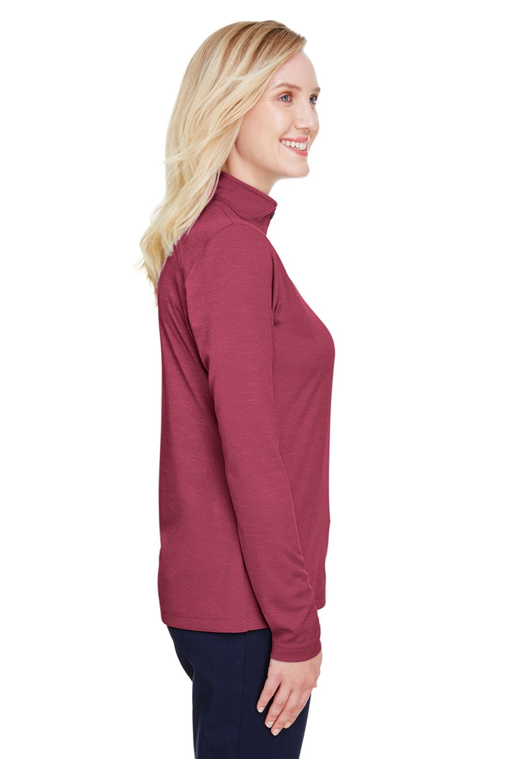 Team 365 TT31HW Womens Zone Sonic Performance Moisture Wicking 1/4 Zip Sweatshirt Heather Maroon Model Side