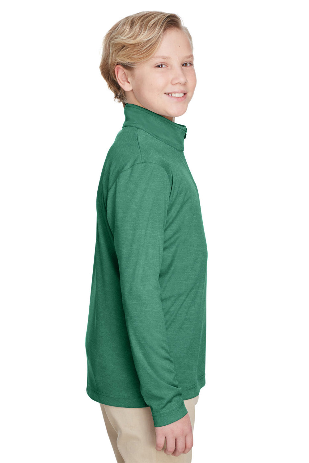 Team 365 TT31HY Youth Zone Sonic Performance Moisture Wicking 1/4 Zip Sweatshirt Heather Forest Green Model Side