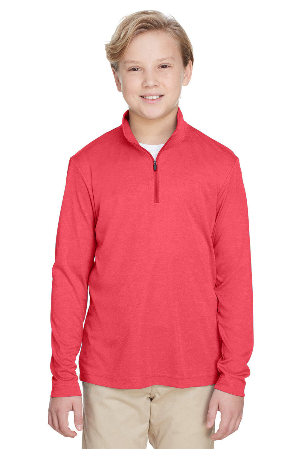 Team 365 TT31HY Youth Zone Sonic Performance Moisture Wicking 1/4 Zip Sweatshirt Heather Red Model Front