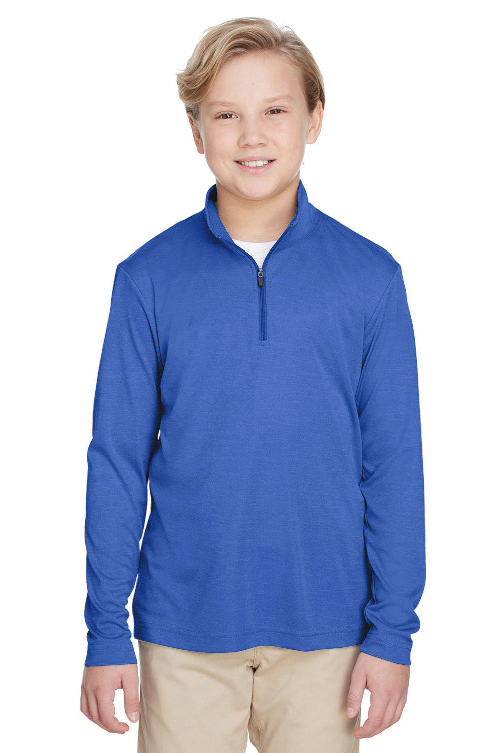 Team 365 TT31HY Youth Zone Sonic Performance Moisture Wicking 1/4 Zip Sweatshirt Heather Royal Blue Model Front