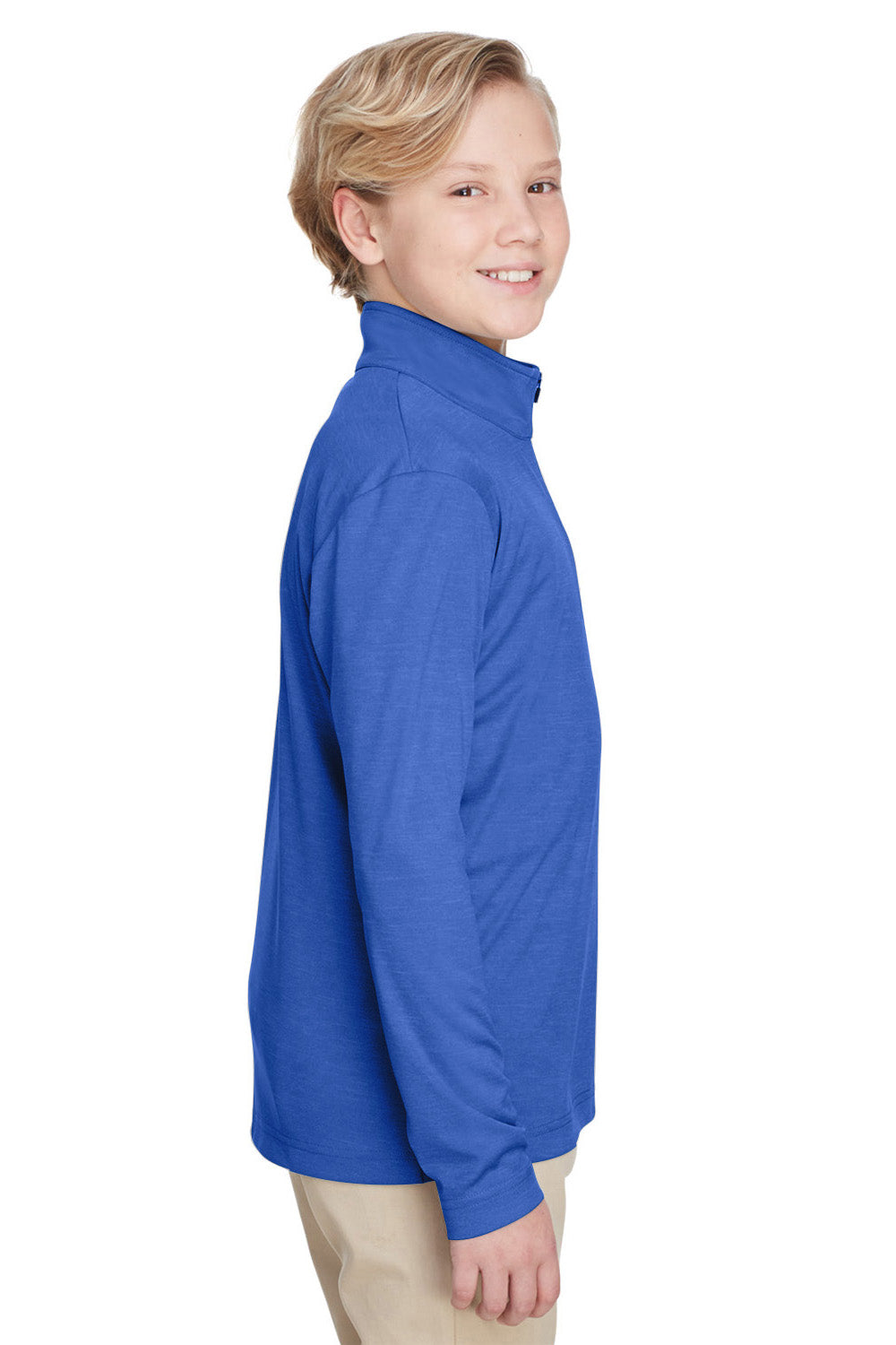 Team 365 TT31HY Youth Zone Sonic Performance Moisture Wicking 1/4 Zip Sweatshirt Heather Royal Blue Model Side