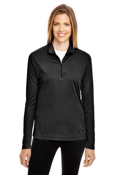 Team 365 TT31W Womens Zone Performance Moisture Wicking 1/4 Zip Sweatshirt Black Model Front