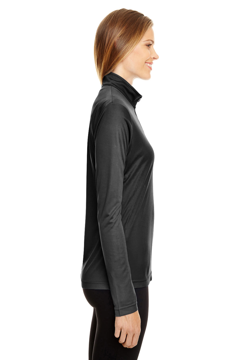 Team 365 TT31W Womens Zone Performance Moisture Wicking 1/4 Zip Sweatshirt Black Model Side