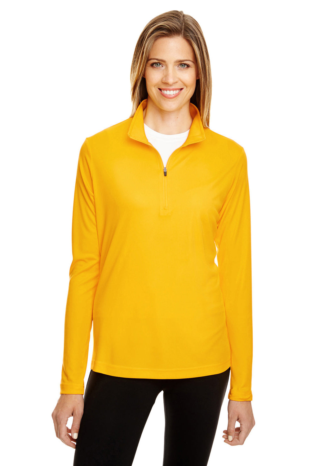 Team 365 TT31W Womens Zone Performance Moisture Wicking 1/4 Zip Sweatshirt Athletic Gold Model Front