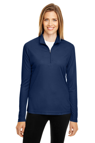 Team 365 TT31W Womens Zone Performance Moisture Wicking 1/4 Zip Sweatshirt Dark Navy Blue Model Front