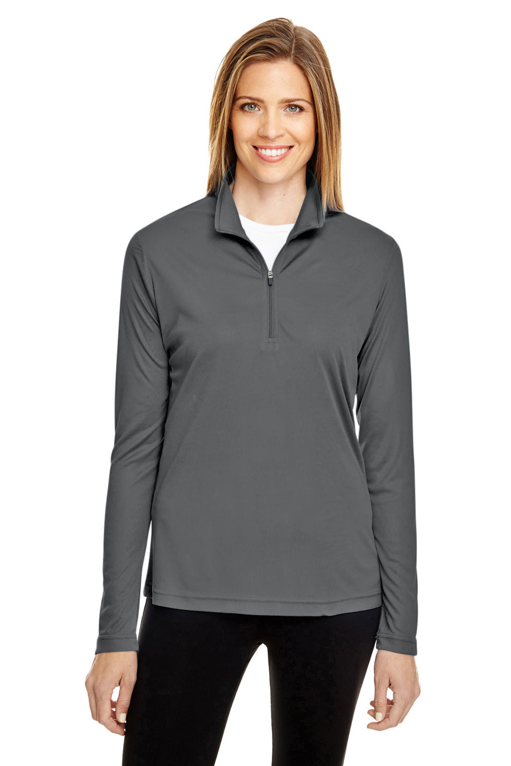 Team 365 TT31W Womens Zone Performance Moisture Wicking 1/4 Zip Sweatshirt Graphite Grey Model Front