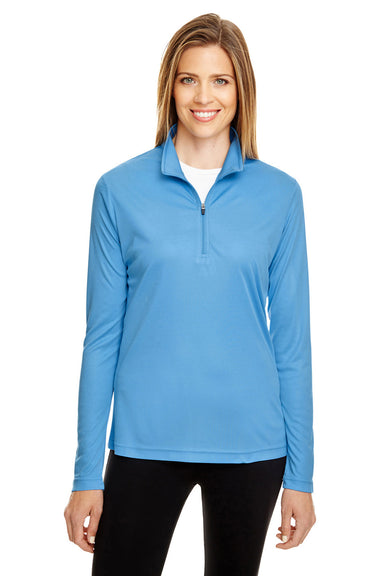 Team 365 TT31W Womens Zone Performance Moisture Wicking 1/4 Zip Sweatshirt Light Blue Model Front