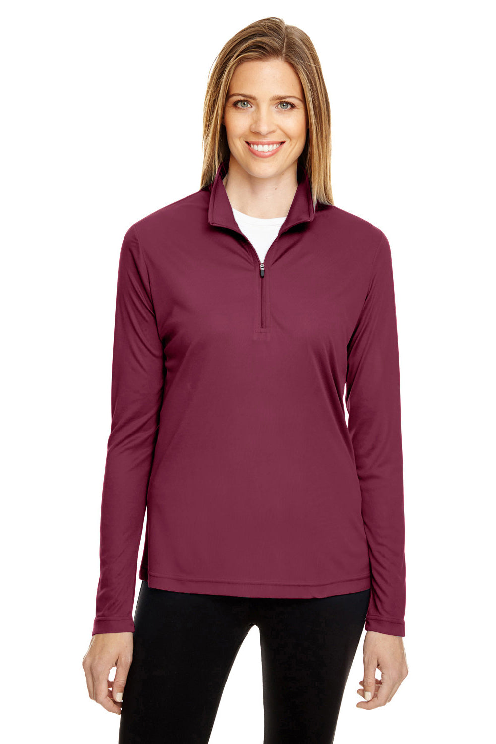 Team 365 TT31W Womens Zone Performance Moisture Wicking 1/4 Zip Sweatshirt Maroon Model Front