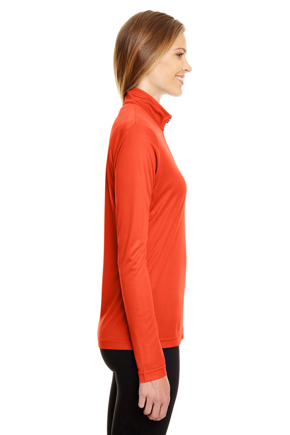 Team 365 TT31W Womens Zone Performance Moisture Wicking 1/4 Zip Sweatshirt Orange Model Side