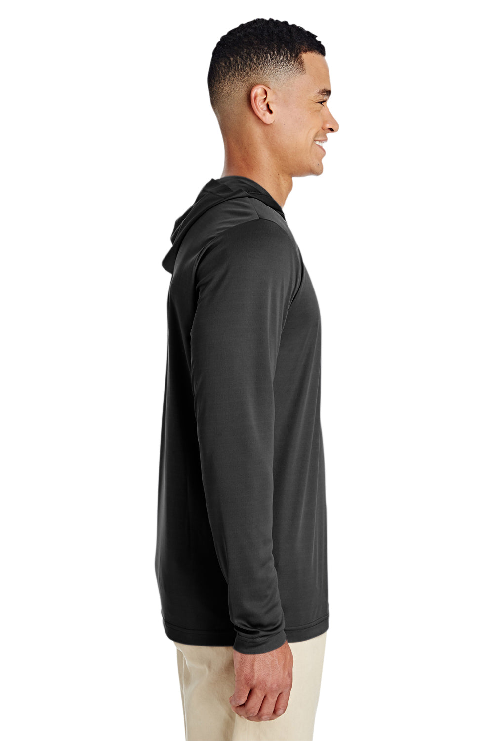 Team 365 TT41 Mens Zone Performance Moisture Wicking Long Sleeve Hooded T-Shirt Hoodie Black Model Side