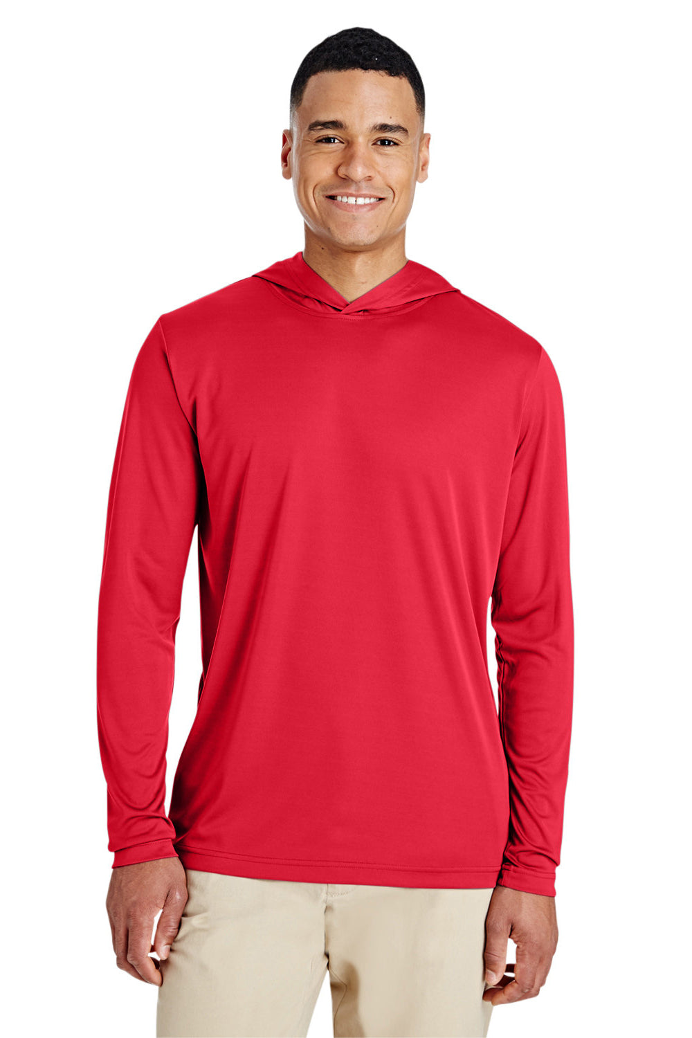 Team 365 TT41 Mens Zone Performance Moisture Wicking Long Sleeve Hooded T-Shirt Hoodie Red Model Front