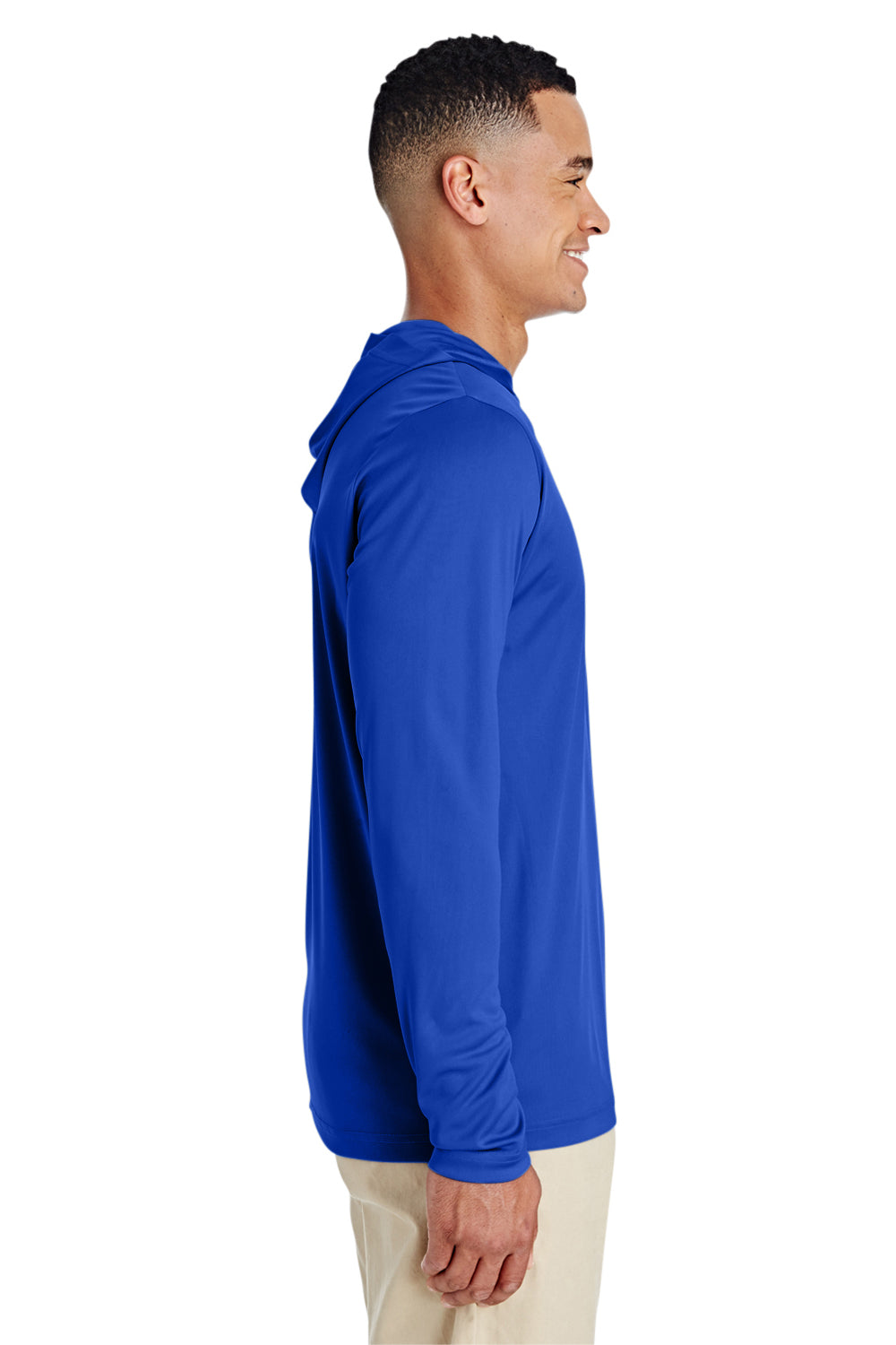 Team 365 TT41 Mens Zone Performance Moisture Wicking Long Sleeve Hooded T-Shirt Hoodie Royal Blue Model Side