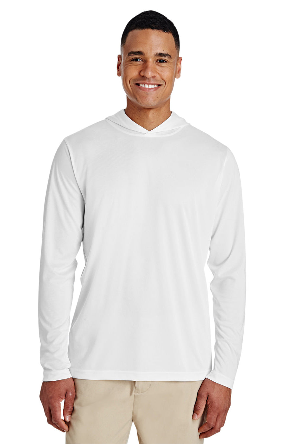 Team 365 TT41 Mens Zone Performance Moisture Wicking Long Sleeve Hooded T-Shirt Hoodie White Model Front