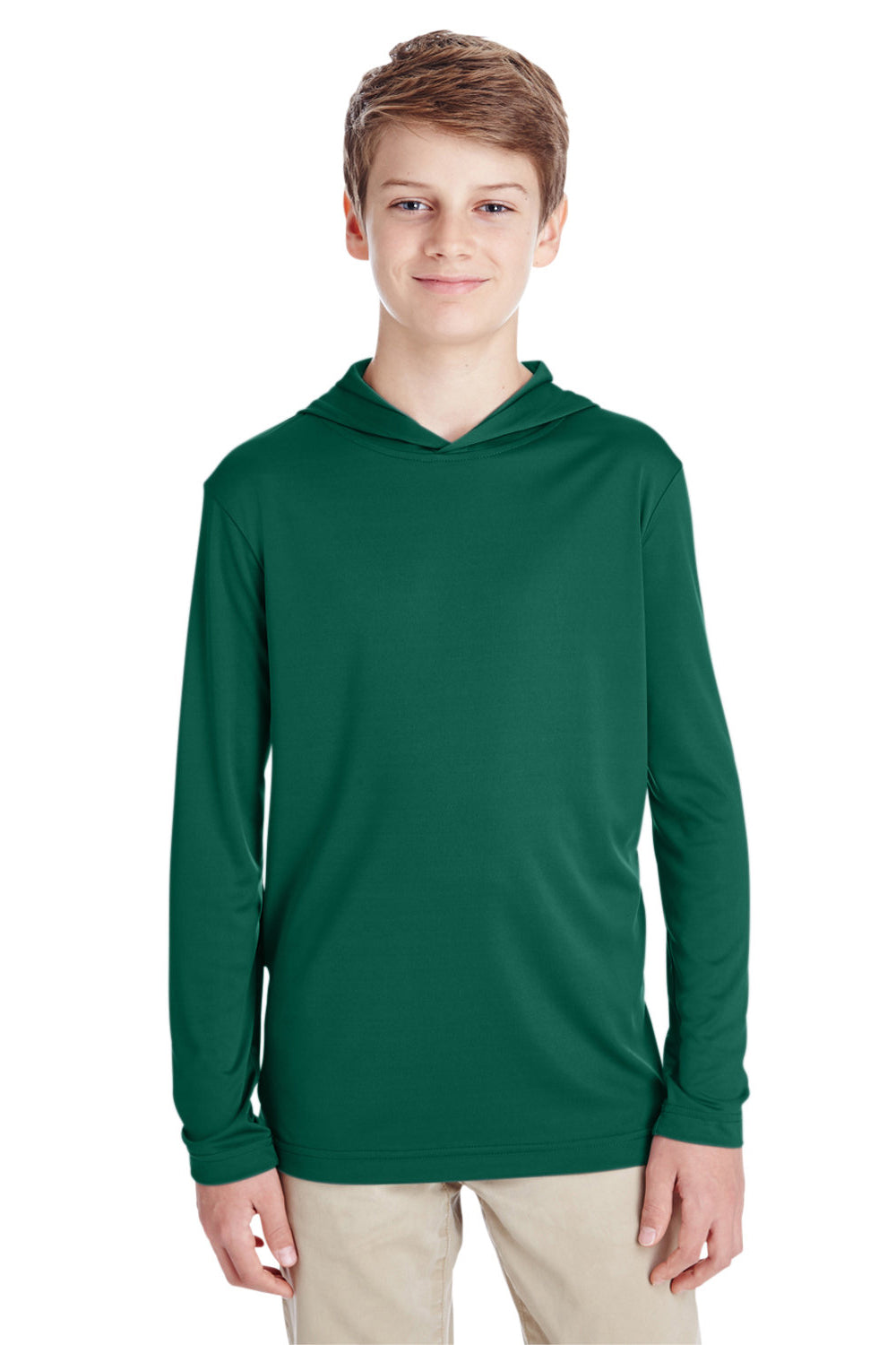 Team 365 TT41Y Youth Zone Performance Moisture Wicking Long Sleeve Hooded T-Shirt Hoodie Forest Green Model Front